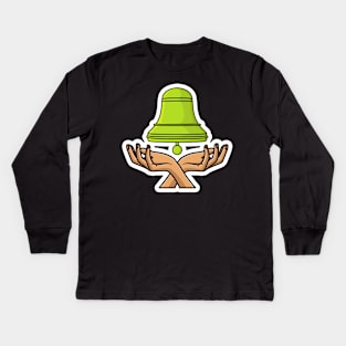 Green School Bell with People Hands Sticker design vector illustration. Alert and alarm objects icon design concept. Creative bell on hand sticker design icons logo with shadow Kids Long Sleeve T-Shirt
